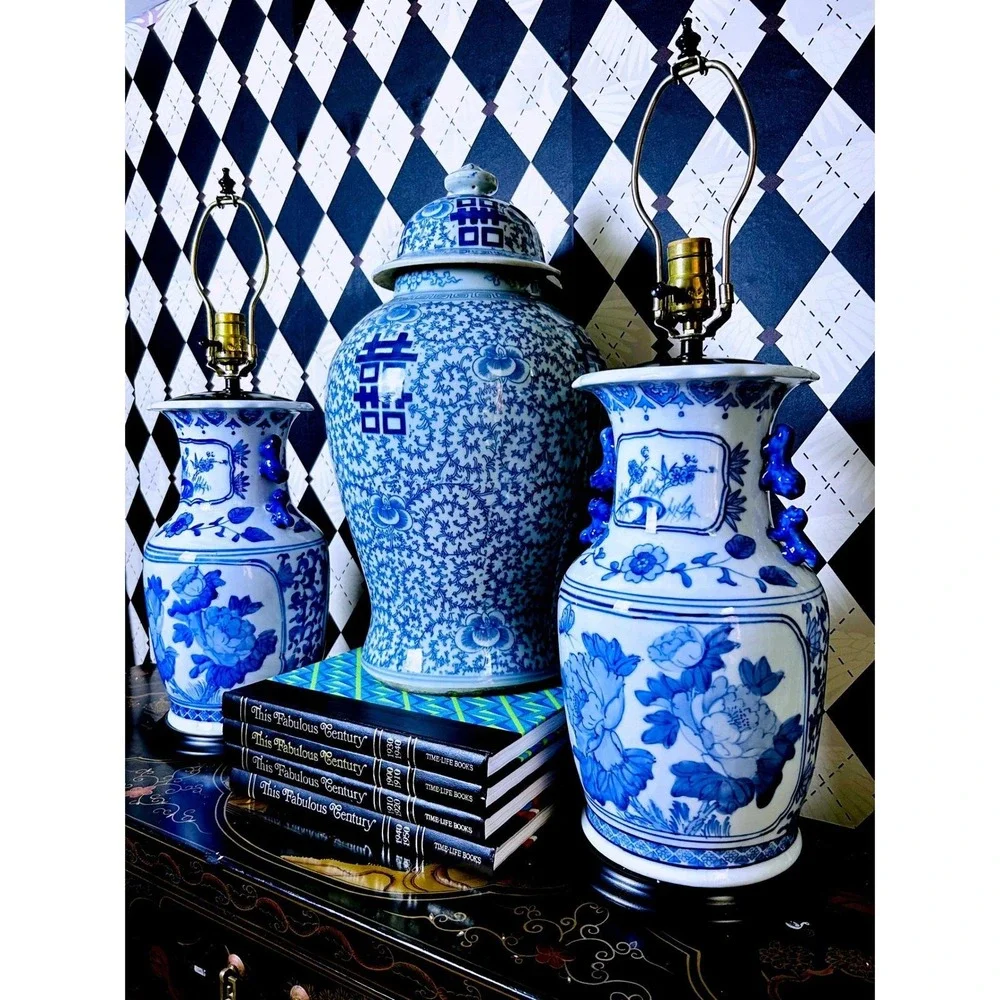 Large Blue White Ginger Jar Double Happiness‎ Chinese Porcelain Temple Jar